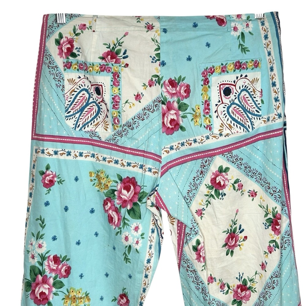 Ario Beaded Cropped Pants Large Boho Cottage Floral Art Patchwork Print Wide Leg - Picture 5 of 14